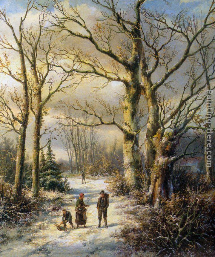 Hendrik Barend Koekkoek Woodgatherers in a Winter Forest